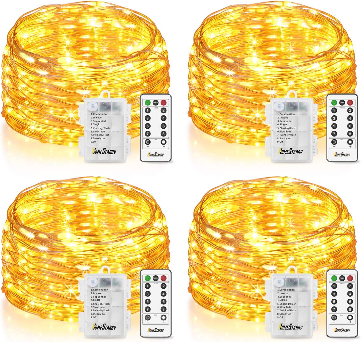 4 Pack Fairy Lights Battery Operated Waterproof 8 Modes Fairy String Lights, 66 LED 16.4 FT String Lights Silver Wire Firefly Lights with Remote for Bedroom,Patio,Indoor,Party,Garden(Yellow)