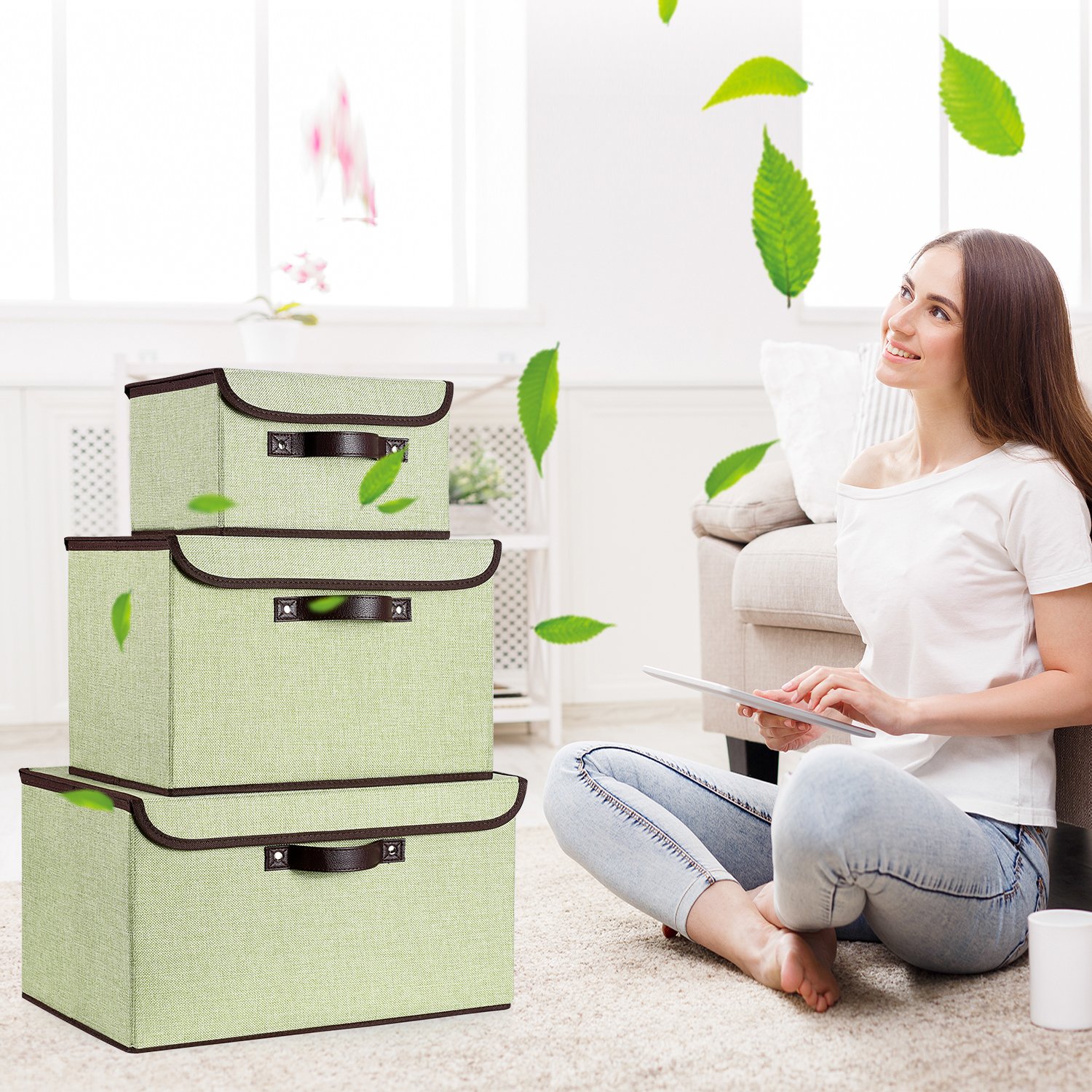 senbowe Storage Bins, Set [3-Size] Foldable Storage Cubes Box Lids Handles, Collapsible Storage Basket Containers Organizer Linen Fabric Home, Office, Nursery, Closet, Bedroom