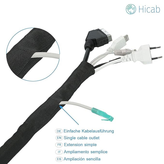 Hicab Kabelschlauch: selbstschließend & zuschneidbar. 3m lang, Durchmesser: 19mm, schwarz. Kabel verstecken für Schreibtisch,