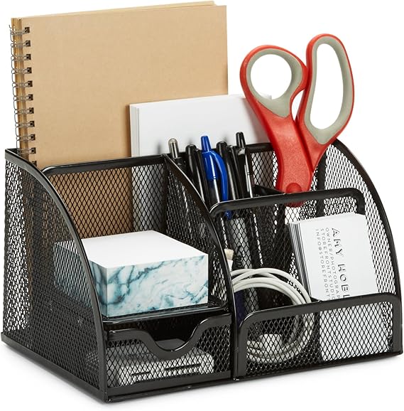 7 Compartment Wire Mesh Desk Organizer, Black, Compact