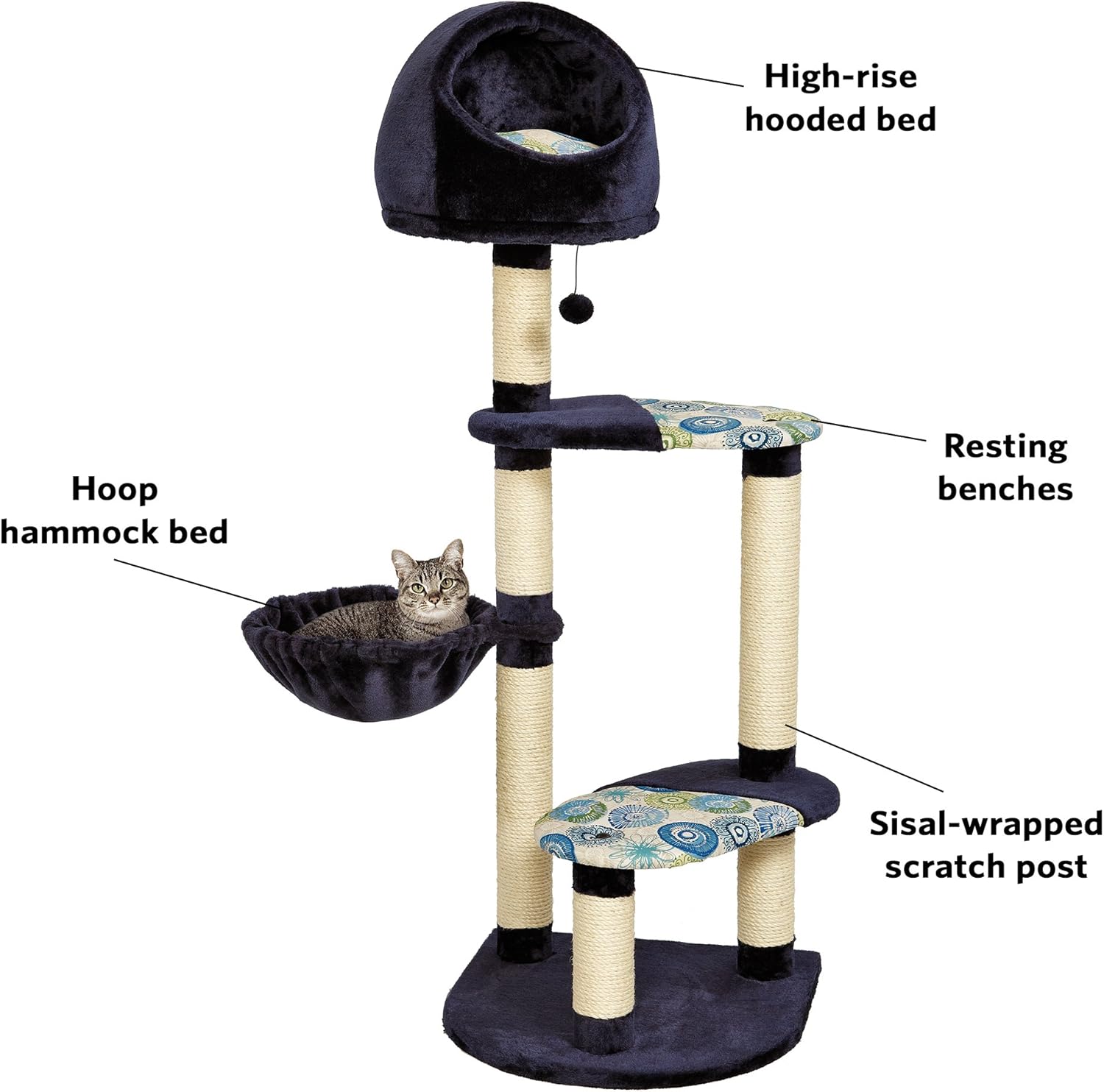 MidWest Homes for Pets Cat Tree | "Resort" Cat Tree / Cat Furniture, 4-Tier Cat Tree w/ Sisal Wrapped Cat Scratching Support Posts, Hanging Cat Bunker Bed & High Canopy Cat Perch, Blue / White Pattern, Large Cat Tree : Cat Houses And Condos : Pet Supplies