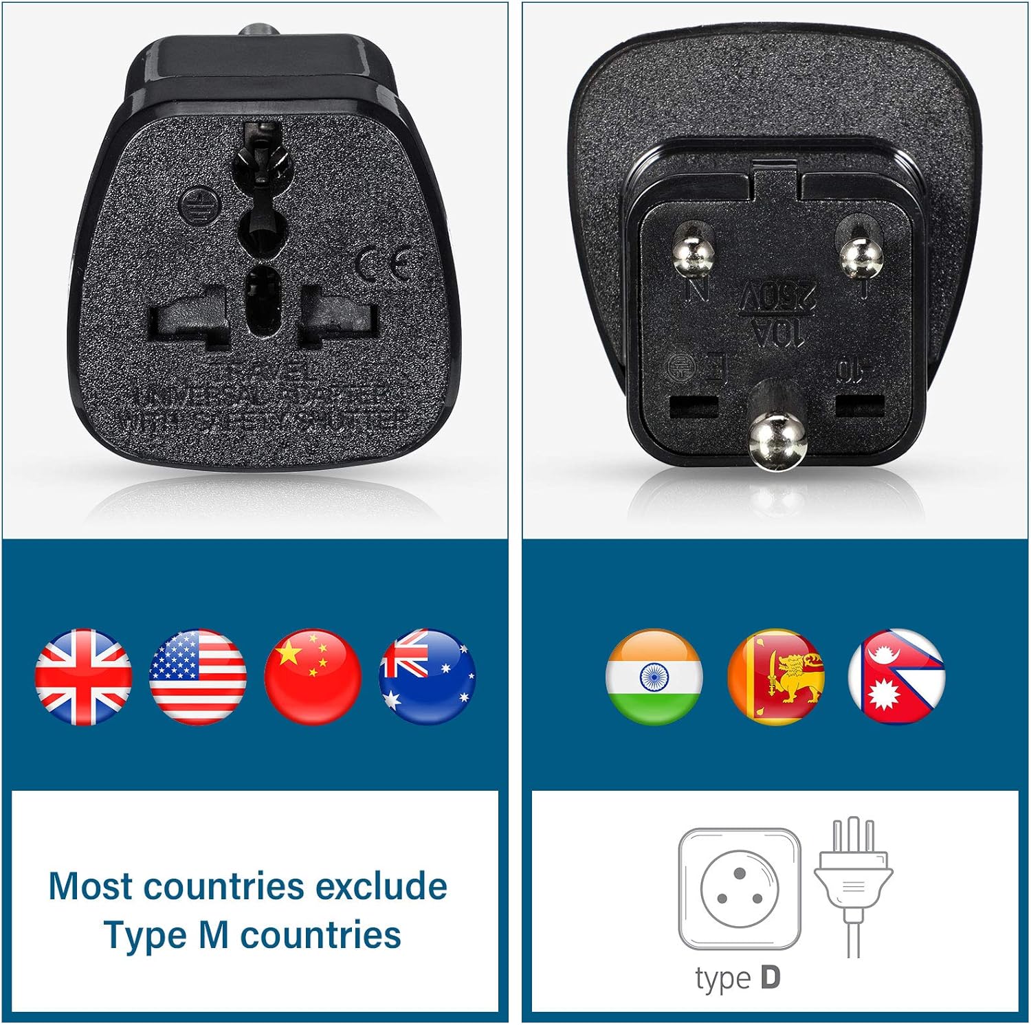 4 Pieces UK to India Travel Adapter Black 3 Pin Prong Travel Plugs