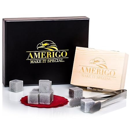 Luxus Whisky Steine Geschenkset von Amerigo - Set von Eiswürfel Wiederverwendbar - Geschenkset Männer - Whisky Kühlsteine - W