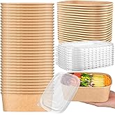 Aemygo 50 Pcs Disposable Kraft Paper Bowls with Lids, 25 oz Paper Bowls Leakproof Meal Prep Containers, Disposable Party Supplies Serving for Soup, Salad, Snacks, Dessert (Square)