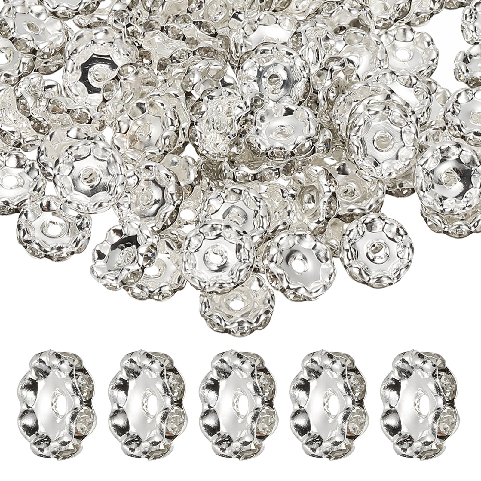 PATIKIL 12mm Wavy Rhinestone Spacer Beads, 100Pack Loose Jewelry Making Spacers Beadable Rondelle Diamond Beads DIY Bracelets Pen Silver Plated for Craft Supplies Decor, White