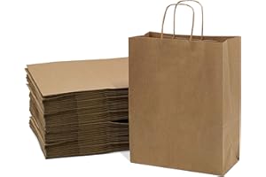 Prime Line Packaging 10x5x13 100 Pack Brown Bags with Handles, Medium Shopping Bags with Handles, Kraft Paper Gift Bags for Small Business, in Bulk