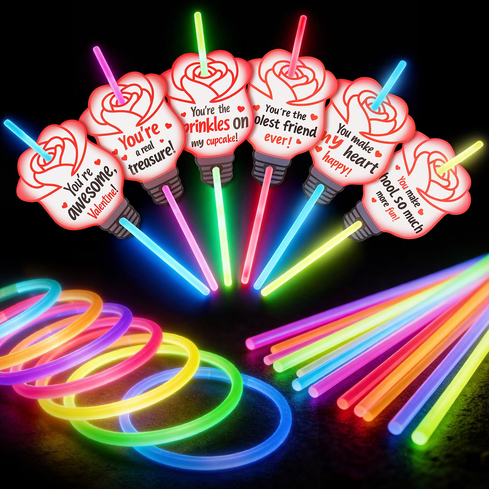 Photo 1 of 36 Pack Neon Valentine's Day Gift Cards with Glow Sticks, Glow in The Dark Party Favors, Glow Stick Bracelets & Necklaces for Kids, Classroom Exchange, School Prizes & Valentine's Party Supplies