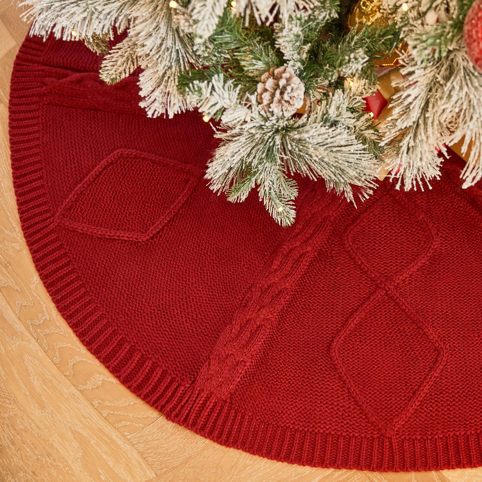 Photo 1 of 36 inch red Knitted Christmas Tree Skirt: Small Thick Cable Knit Round Tree Skirt for 4ft 5ft Tree Rustic Neutral Farmhouse Neutral Christmas Decor Tree Base Cover Xmas Home Decorations