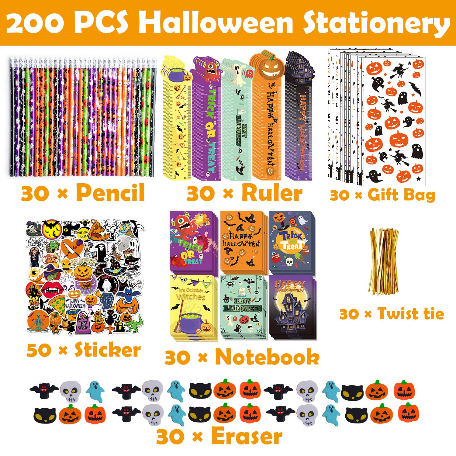 200PCS Halloween Party Favors for Kids Stationery Set, 30 PACK Assorted Halloween Goodie Bag Stuffers, Bulk Halloween Treats Bags for Trick or Treat Pencils Erasers Rulers