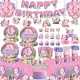 Xynic Axolotl Birthday Decorations Pink Axolotl Party Decorations Cake Cupcake Topper Balloons Banner Plates and Napkins Table Cloth Axolotl Party Supplies for Girls Cartoon Fun Animal Party