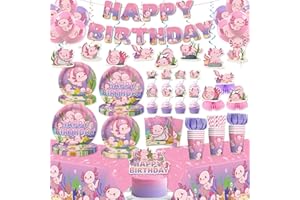 XYNIC 171 Pcs Axolotl Birthday Decorations Pink Axolotl Party Decorations Cake Cupcake Topper Balloons Banner Plates and Napkins Table Cloth Axolotl Party Supplies for Girls Cartoon Fun Animal Party