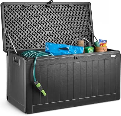 CHRISTOW Waterproof Storage Box 190L Lockable Lid Outdoor Plastic Wood Effect