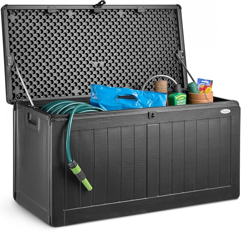 CHRISTOW Waterproof Storage Box 190L Lockable Lid Outdoor Plastic Wood Effect