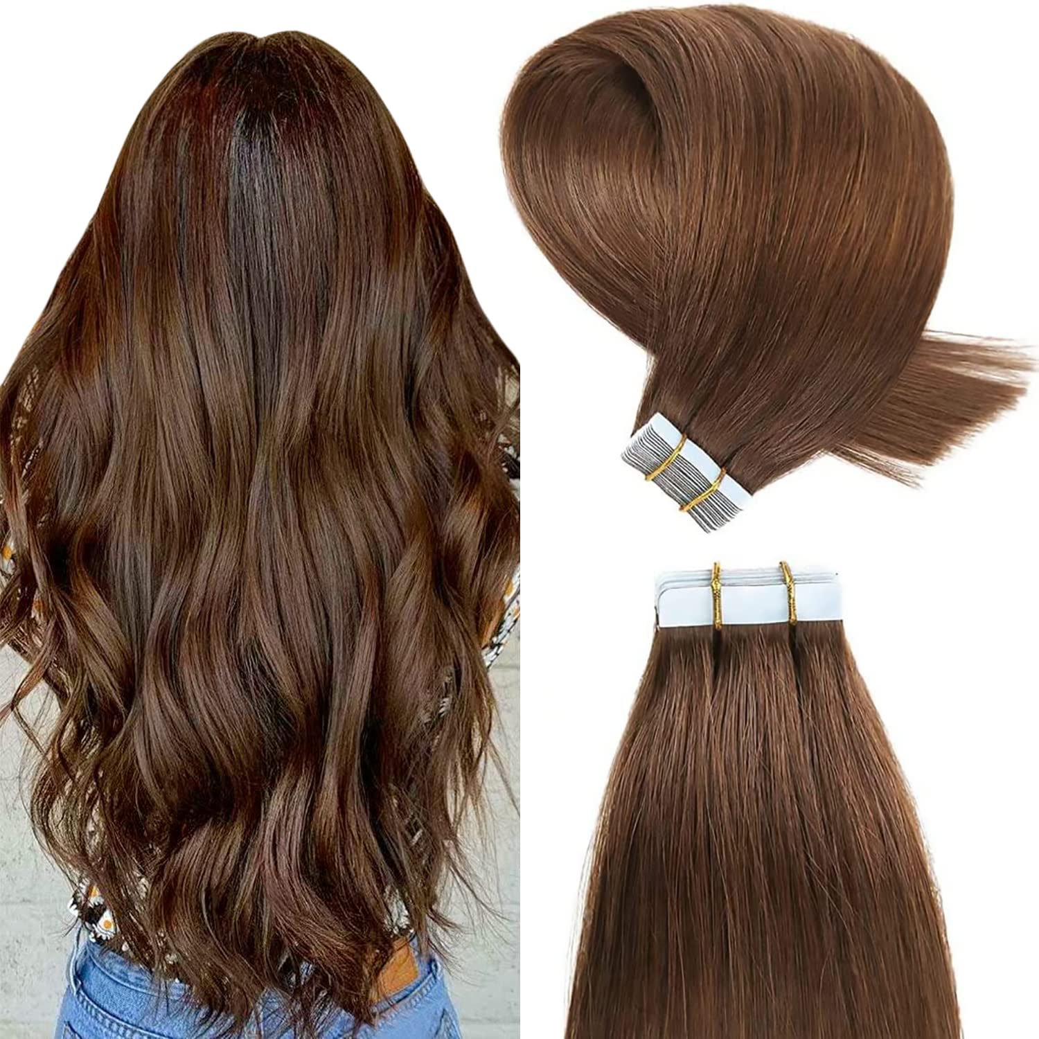 YILITE Tape in Extensions Human Hair 14inch 20pcs 40g/Pack Real Human Hair(#4 Medium Brown) — image 1