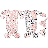 Vollmic Newborn Baby Cotton Knotted Gown with Mittens Long Sleeve Sleeper Gown Nightgown Coming Home Outfit with Hat 2 Pieces