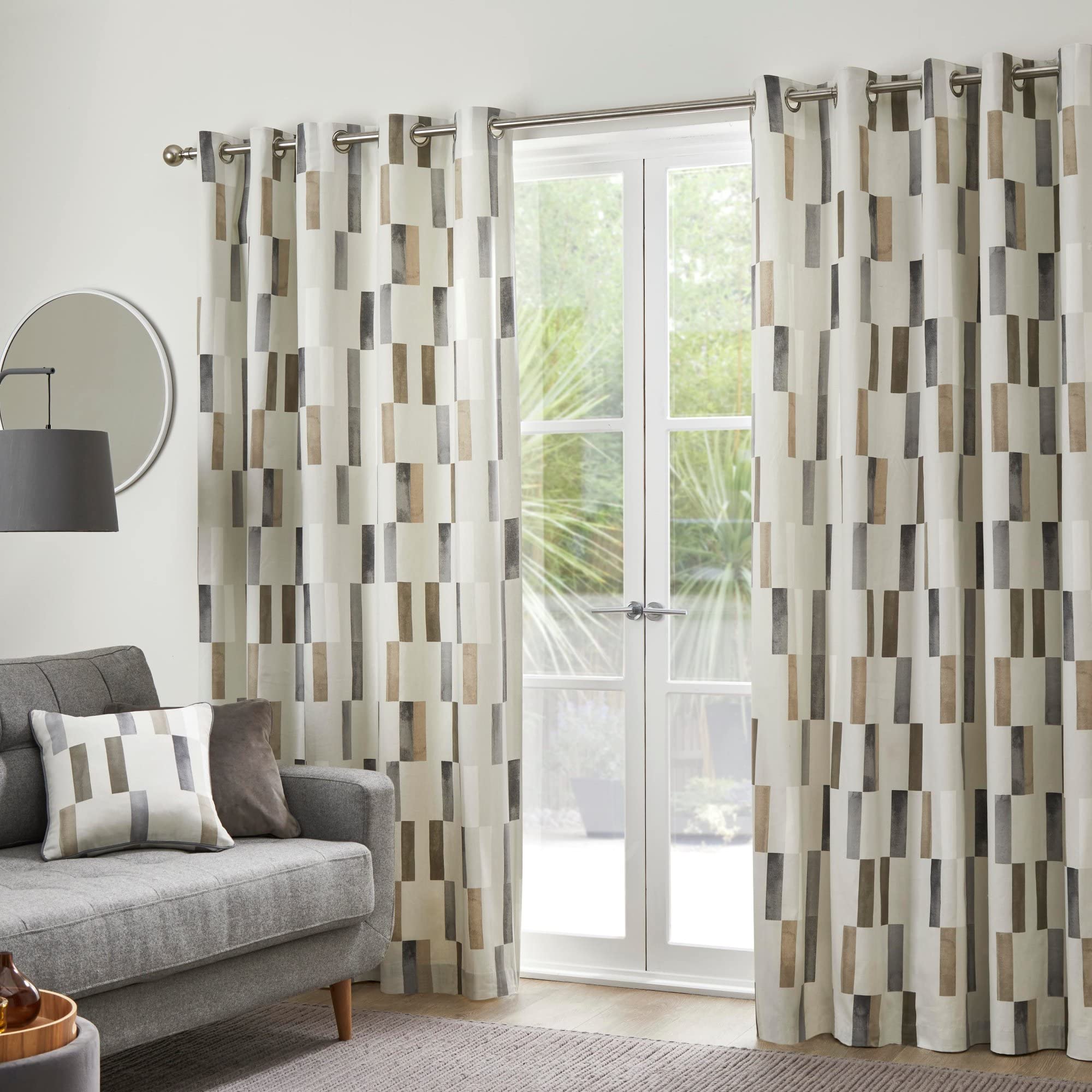 Fusion Geometric Tile Curtains – Natural – W168 x L229cm – 2 Panels – 100% Cotton – Eyelet – Soundproof Drapes for Bedroom & Living Room
