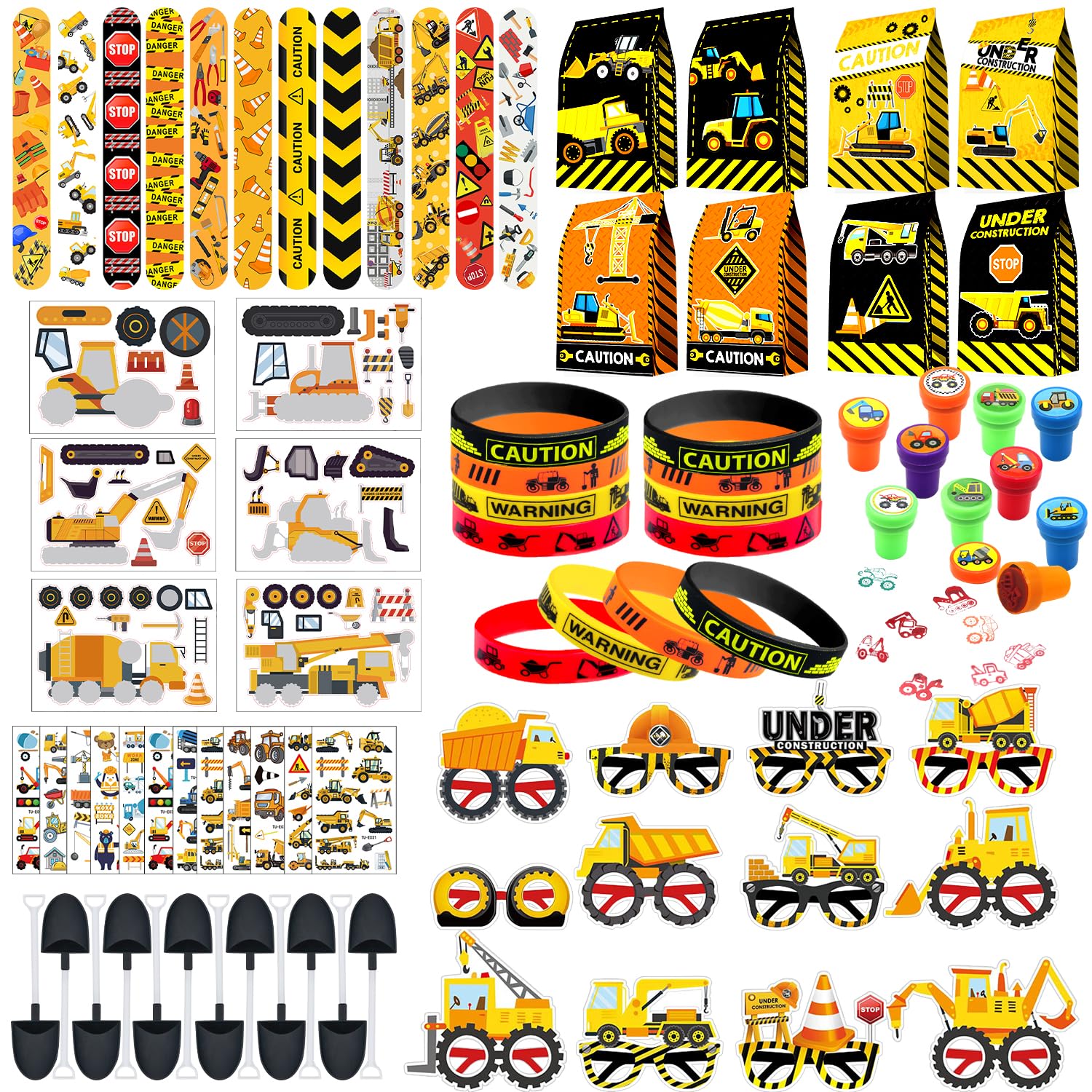Construction Party Favors Supplies -Including Paper Glasses Gift Bag Tattoo Stickers Shovels Slap Bracelets Silicone Wristbands DIY Stickers Stampers, for Digger Theme Kids Students' Party Fillers