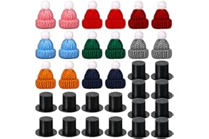 Chalyna 32 Pieces Winter Christmas Mini Doll Snowman Hats for Crafts 16 Small Knitting Santa Hats and 16 Black Plastic Miniature Top Caps for Xmas Ornaments DIY Art and Craft Decoration