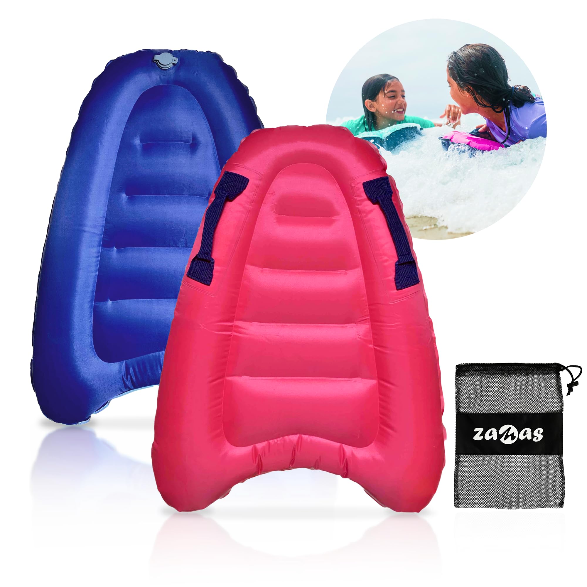 Photo 1 of ZAMAS Kids Inflatable Surf Body Board with Handles and New Push-Button Valve, Lightweight Swimming Floating Surfboard Aid Mat Learn to Swim, Beach Safety Theme Surfing with Bonus Case (Pink)