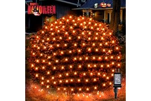 BlcTec Halloween Net Lights, 200 LED 8.2ft x 4.9ft Orange Halloween Bush Lights with 8 Modes, Timer, Connectable, Waterproof and Green Wire Design for Trees, Bushes, Halloween Decorations Outdoor