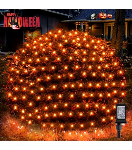 WBao Solar Halloween Lights Outdoor 200LED 8.4ft X 5.2ft Orange Purple Halloween Net Lights With Remote, 8 Modes, Timer, IP65 Waterproof & Dark Green Wire For Lawn, Bushes, Trees, Shrubs Decorations