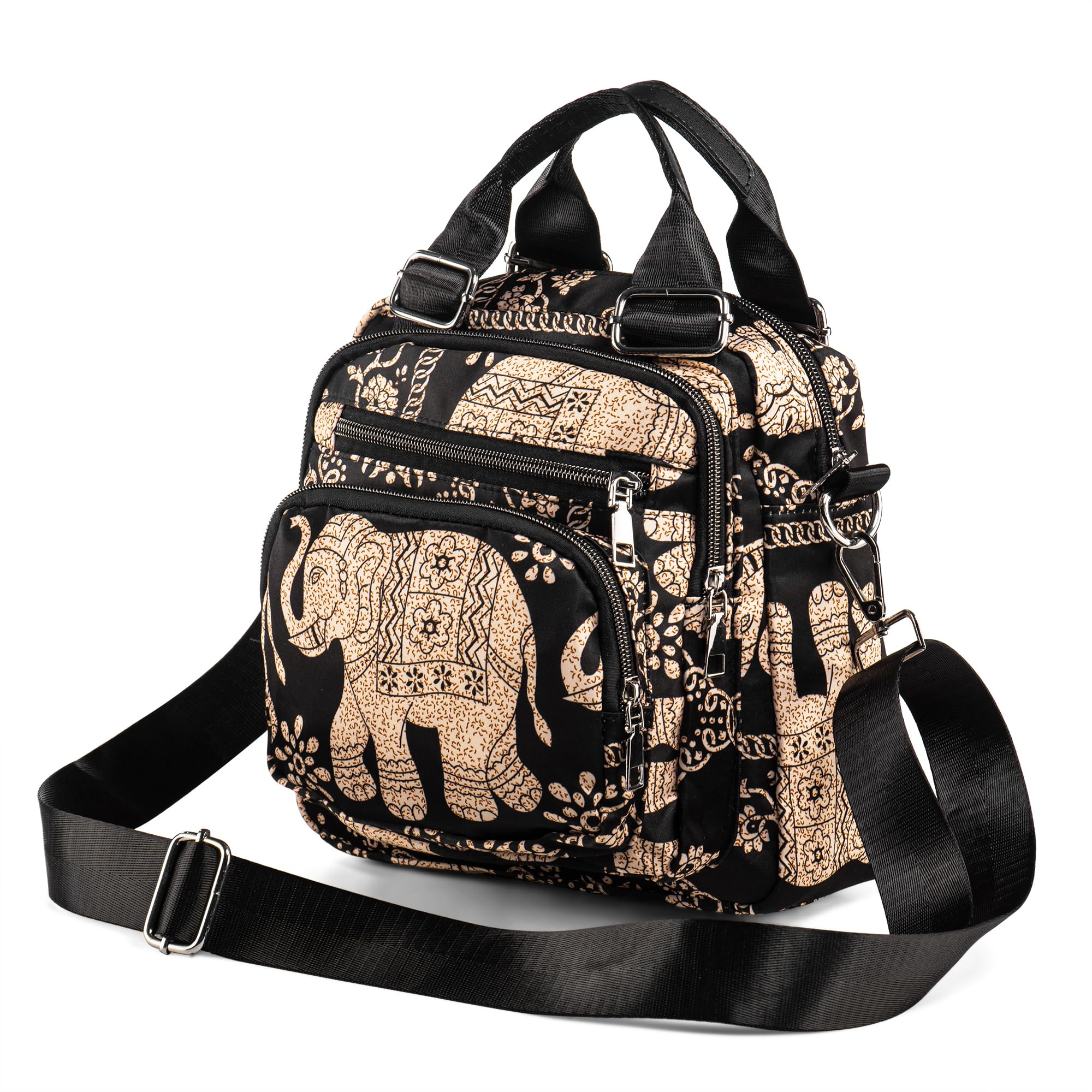LaRechor Ethnic Elephant Tote Shoulder Bag for Women - Ladies Cross-Body Handbags - 8 Pockets Small Size Women Bags - Daily Travel Holiday Messenger Bag