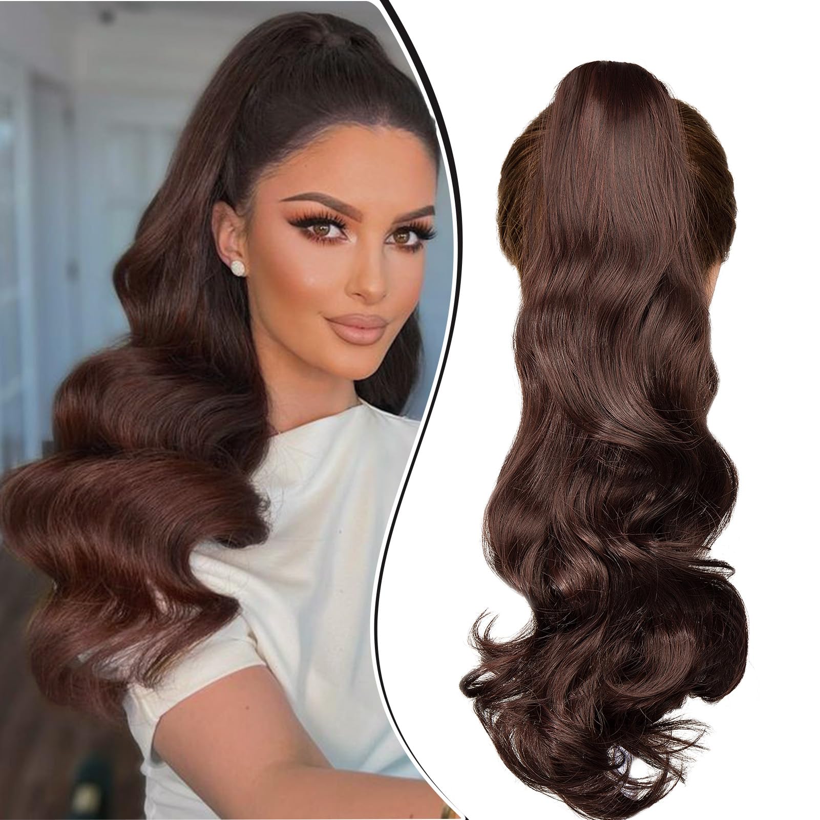 Dcbaboo Ponytail Extension Curly 18inch Claw Clip in Ponytail Hair Extensions Long Wavy Synthetic Pony tails Natural Wave One Piece Hairpiece Fake Ponytail for Women, Dark Brown/Dark Auburn