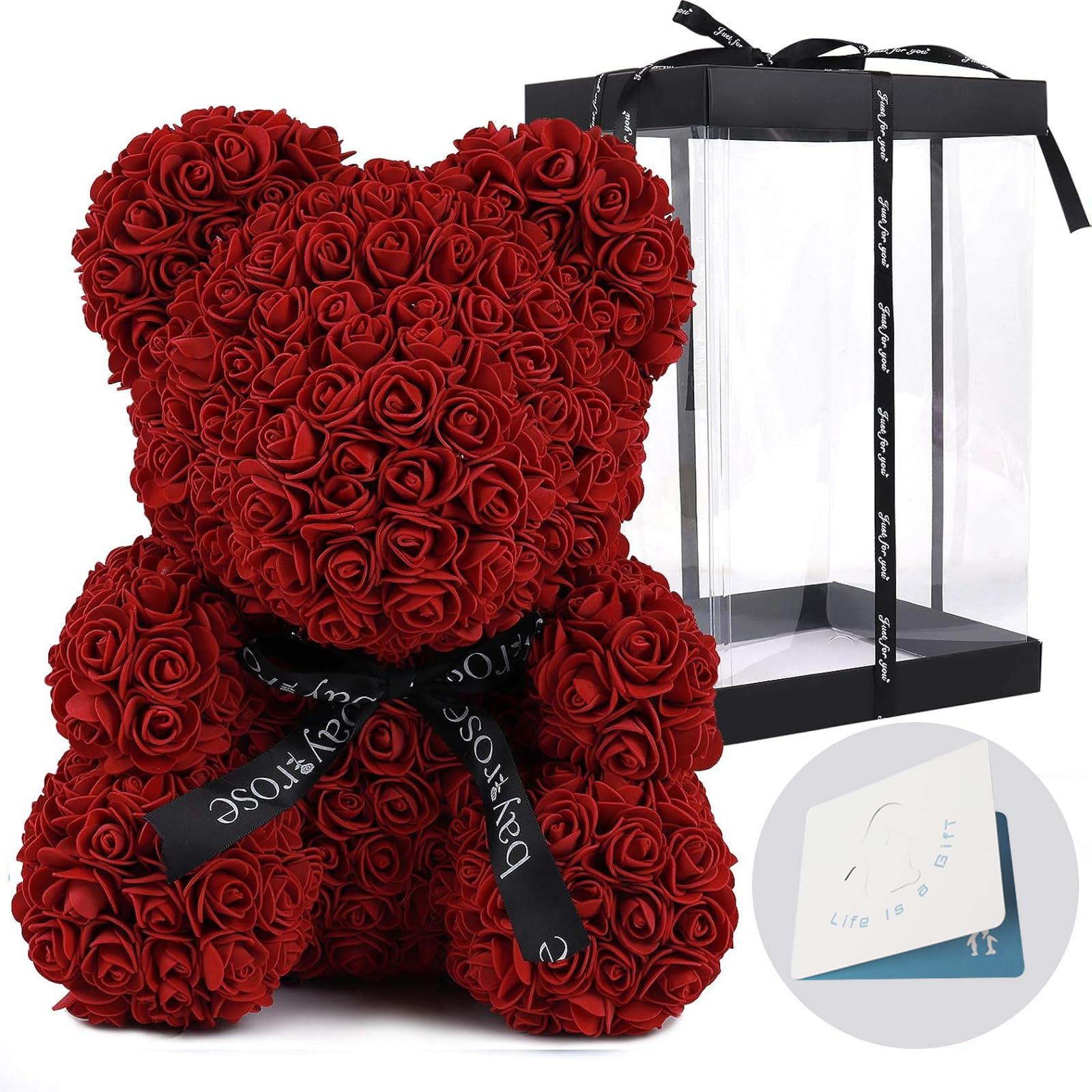 Photo 1 of **BOX IS DAMAGED**
RECUTMS Rose Cute Teddy Bear Flower 10 inch Gift Box Wedding Party Decorations for Valentines Day Mothers Day Anniversary Birthday Present (Wine Red)