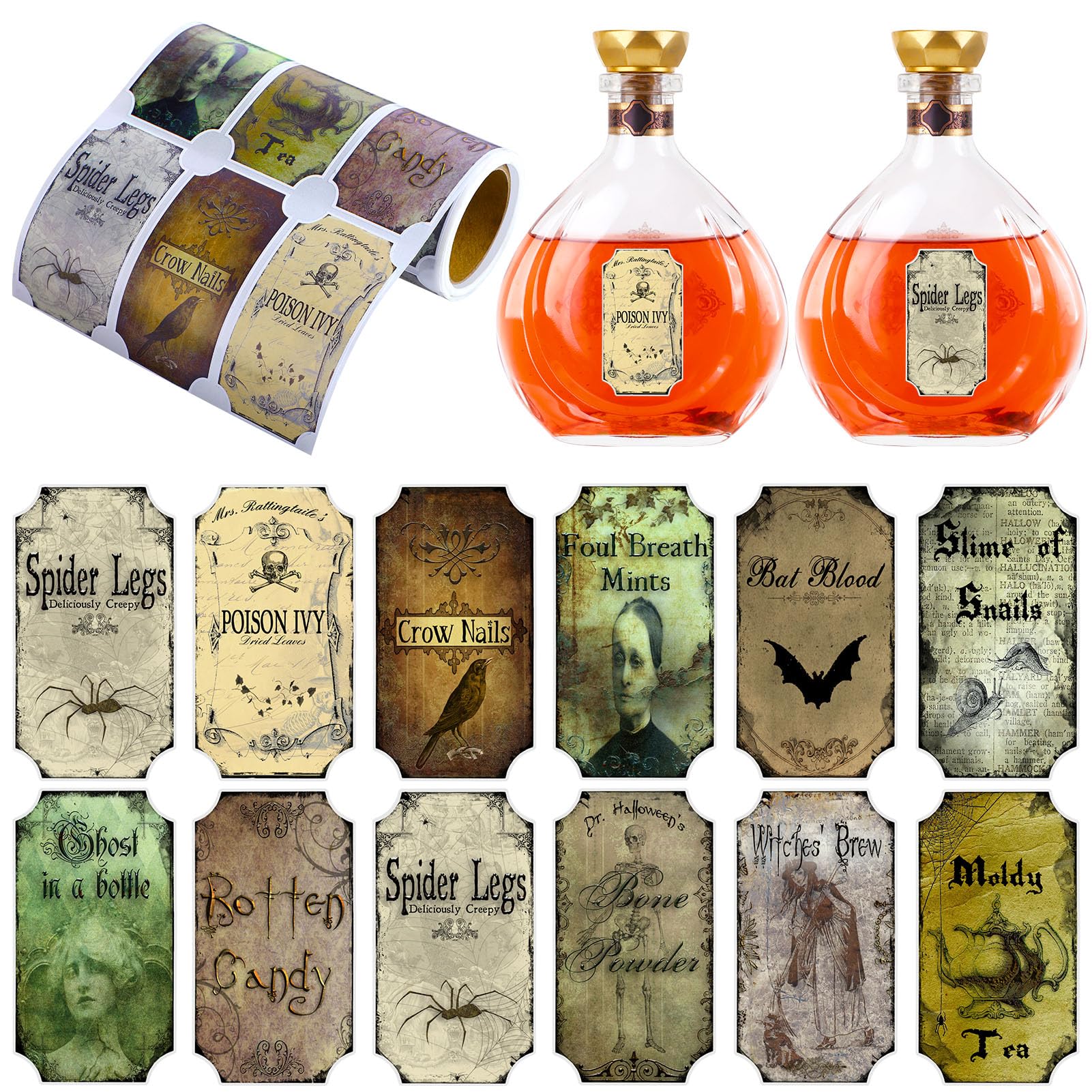 Photo 1 of ***(MISSING BOTTLES)***MotiMind 180 Pcs 3.15 x 1.57 inch Halloween Apothecary Bottle Labels Stickers Medicine Potion Bottles Label Waterproof Vintage Laminated Stickers for Halloween Party Supplies Decor (Retro Style)