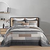 FineStichery 120"x120" Cotton Oversized King Bedspread Coverlet, Gray Plaid Extra Large Quilt Set with Pillow Shams, Lightweight Farmhouse Reversible Quilted Bedspreads, All Season, 3 Piece