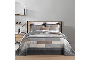 FineStichery 120"x102" Cotton Oversized Queen Bedspread Coverlet, Gray Plaid Extra Large Quilt Set with Pillow Shams, Lightweight Farmhouse Reversible Quilted Bedspreads, All Season, 3 Piece