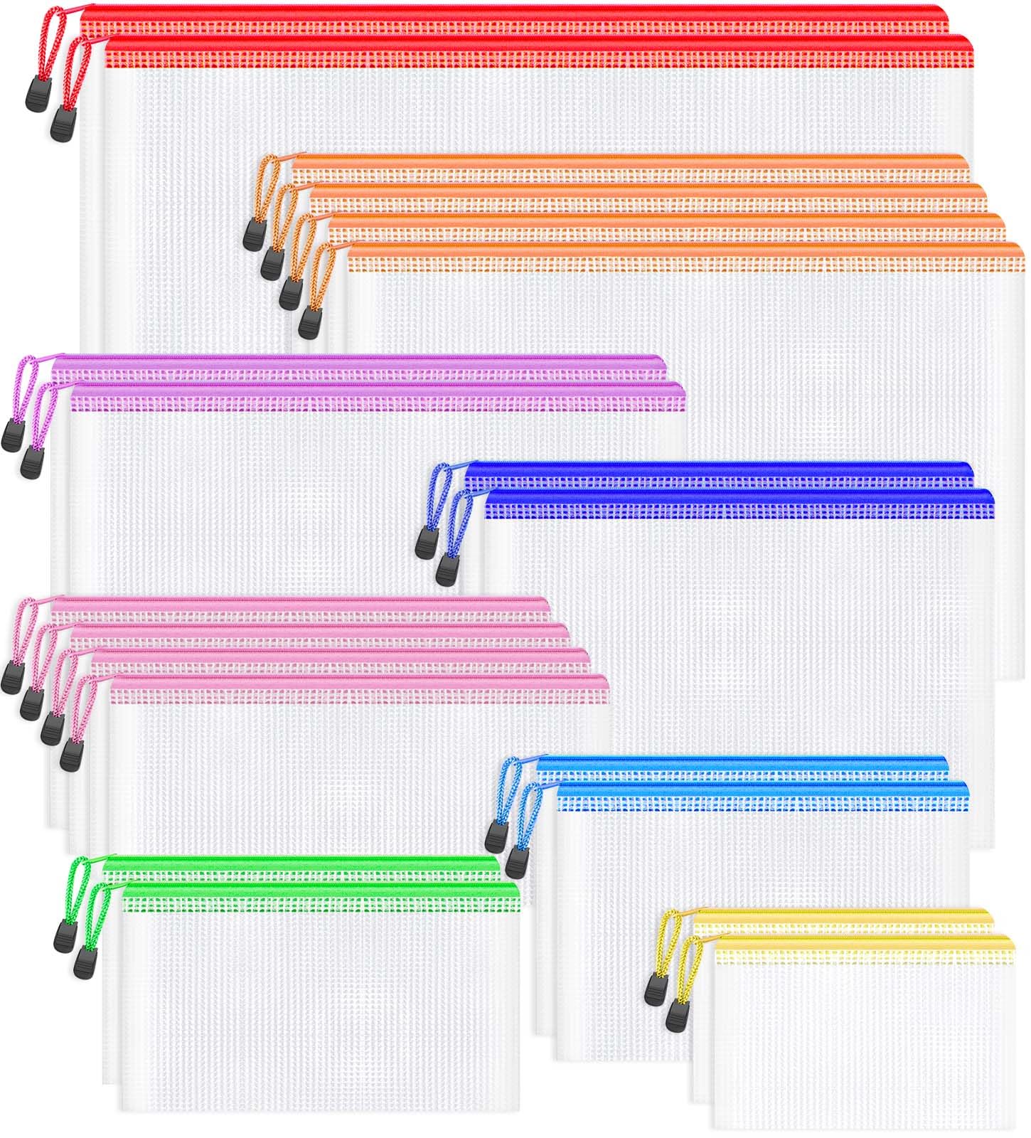 Smarpau 20PCS Plastic Zip Wallets, 8 Sizes Plastic File Folders Mesh Zipper Bags, Waterproof Document Wallet Storage Bags for School, Office, Home and Travel (8 Colors)