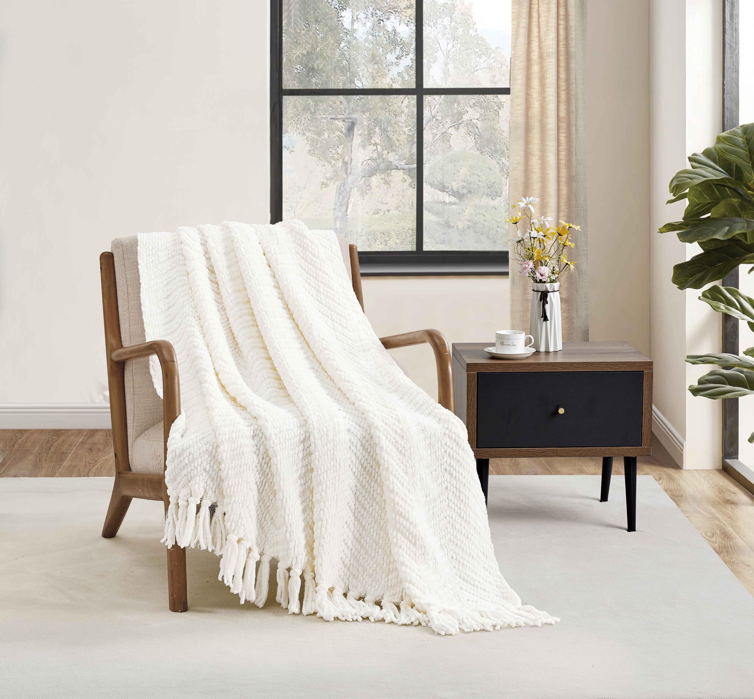 CREVENT 127cmX152cm Farmhouse Breathable Soft Chenille Knitted Textured Throw Blanket for Couch Chair Bed, Boho Home Decor for Living Room (Ivory) — image 1