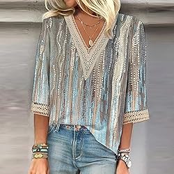 Tops for Women Casual Spring 3/4 Length Sleeve Tops