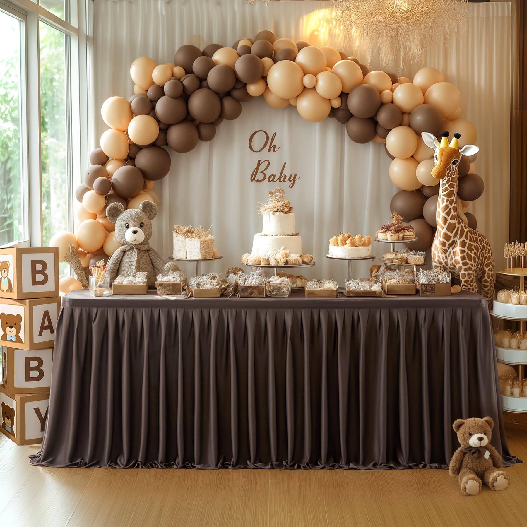 Photo 1 of (table skirt) Partisky Chocolate Brown Polyester Table Skirt for Rectangle Tables 6ft, Wrinkle Resistant Pleated Ruffle Table Cloth for Banquet Wedding Trade Baby Shower Display Gift Dining Table