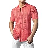 JOGAL Mens Floral Lace Shirt See Through Casual Button Down Shirts