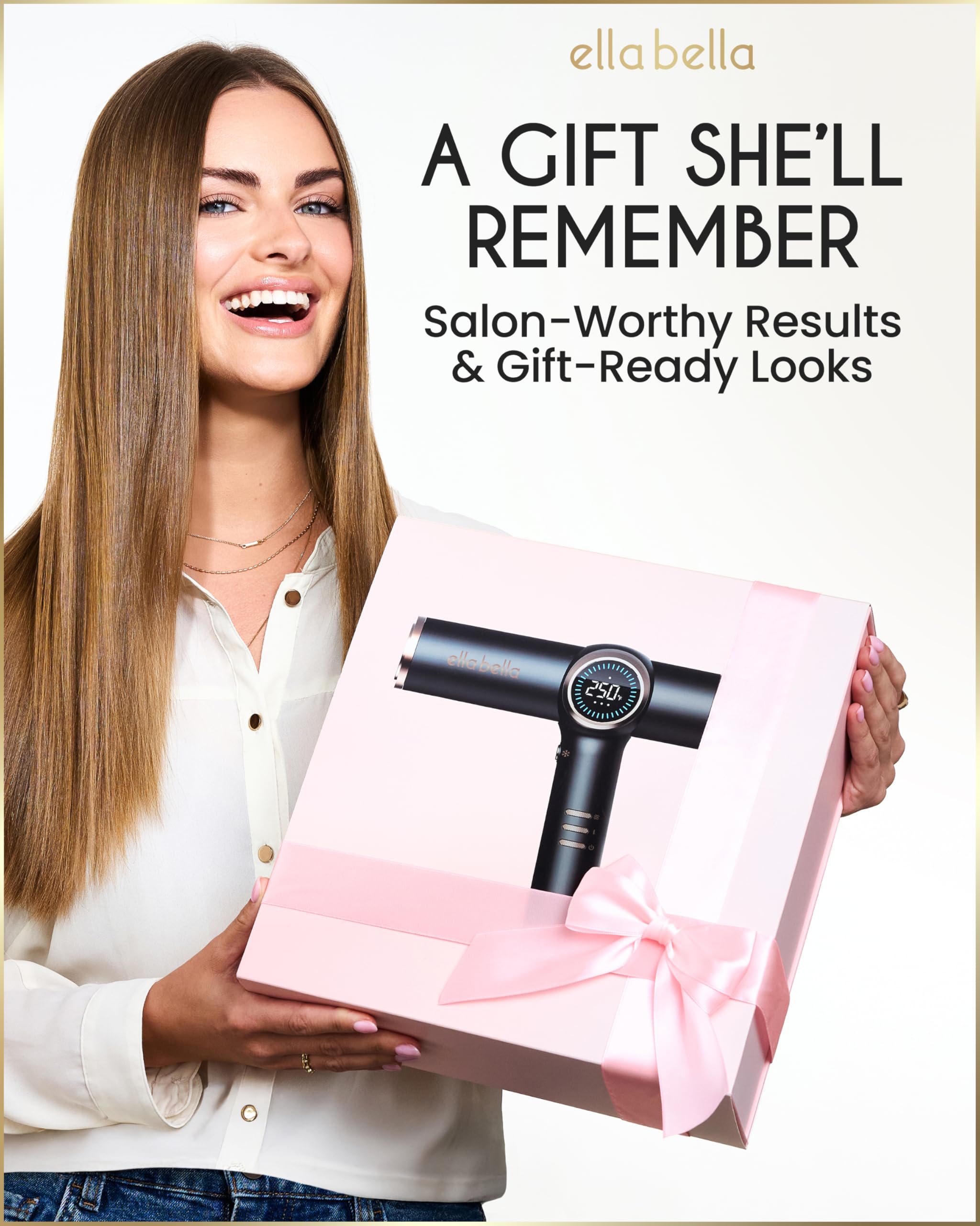 ELLA BELLA® Professional Ionic Hair Dryer with Diffuser • Negative Ion Blow Dryer • Suitable All Hair Types • Intelligent Heat Control & Rapid Drying Speeds • Lightweight Design • Low Noise Technology