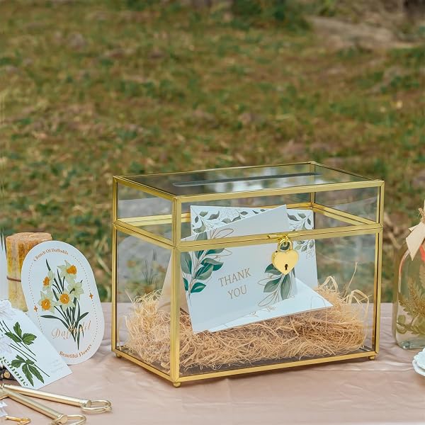 NCYP SMALL 9.8″ X 5.6″ X 7.7″ GLASS WEDDING CARD BOX WITH SLOT AND LOCK – BIRTHDAY PARTY RECEPTION, INDOOR TABLETOP CENTERPIECE, GOLD DECORATION – SLOT LENGTH 7.1 INCHES (GLASS BOX ONLY)