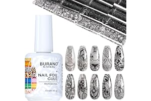 BURANO Nail Art Nail Foil Glue Gel, o.5 oz with 10PCS Foil Stickers Set Lace Nail Foil Glue for Nails Foil Transfer Gel, Nail Design Home DIY UV LED Lamp Required 28
