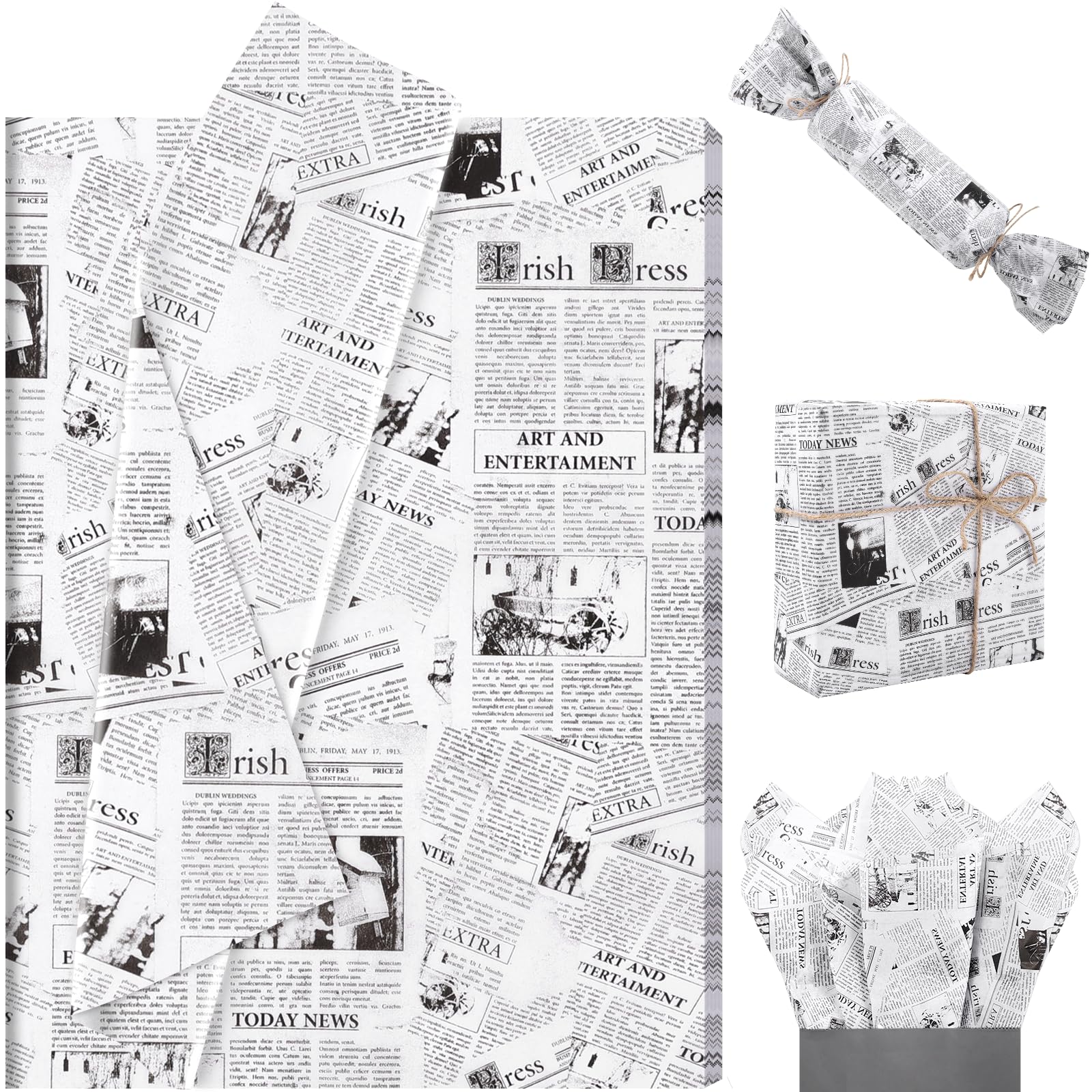 Photo 1 of 100 Sheet Newspaper Tissue Paper, 20x14 Vintage Magazine Newspaper Patterns Tissue Paper for DIY Crafts Birthday Baby Shower Wedding Baby Shower Party Decor (White)