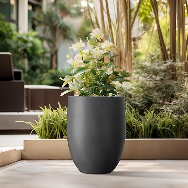 KANTE 21.7″ H BURNISHED BLACK TALL PLANTER, LARGE OUTDOOR INDOOR DECORATIVE POT WITH DRAINAGE HOLE AND RUBBER PLUG, MODERN ROUND TAPER STYLE FOR HOME AND PATIO