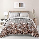WONGS BEDDING Brown Floral Quilt Set King Size,3 Pieces Botancal Leaves Bedspread Coverlet Set with 2 Pillowcases for All Season, Soft Microfiber Floral Bedding Set 104"×90"
