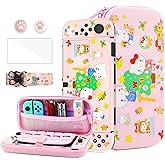 HYPERCASE Cute Switch OLED 8 in 1 Accessories Kit, with Pink Switch OLED Travel Carrying Case of Cartoon Cat, Hard OLED Protective Case Cover, Screen Protector, Shoulder Strap, 2 Thump Caps