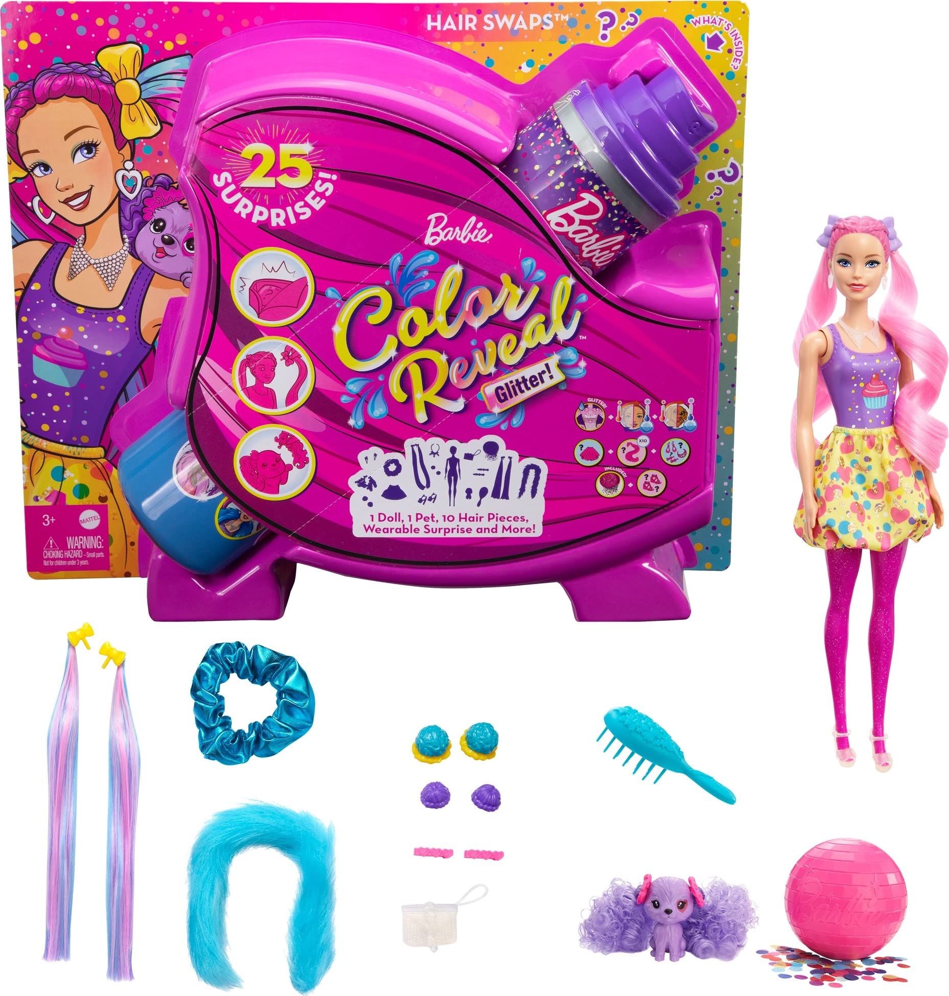 Barbie Color Reveal Glitter Hair Swaps Doll, Glittery Pink with 25 Hairstyling & Party-Themed Surprises Including 10 Plug-In Hair Pieces, Gift for Kids 3 Years Old & Up