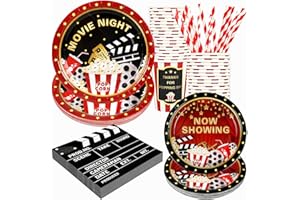 Recheel Movie Night Party Supplies Decorations, Movie Theme Birthday Paper Plates and Napkins Set with Cups and Straws for 24 Guests, 120 Pcs Disposable Party Snack Dinnerwares