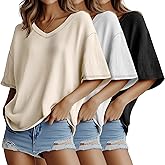 Huukeay 3 Pack Oversized Waffle Knit Tops for Women V Neck Half Sleeve Shirts Casual Drop Shoulder Tunic Top Blouses