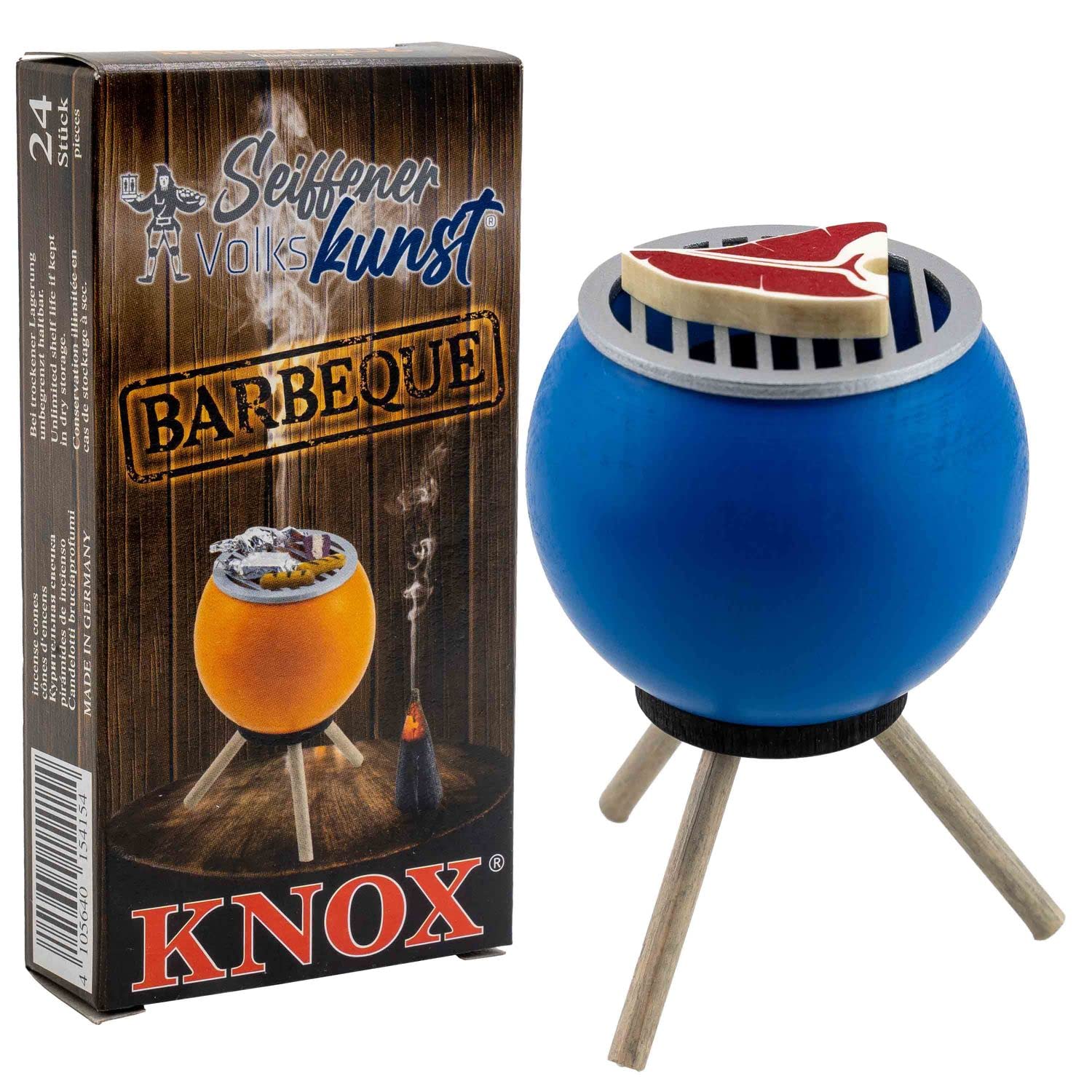 Seiffener Volkskunst Smoker Oven Grill Oven Smoking Figure 10 cm Grill + Incense Cones BBQ Smoker Grill with Steak Blue + Knox