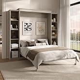 Rophefx Queen Murphy Bed Cabinet with 5-Tier Shelves, Wood Wall Bed, Grey | Foldable queen wall bed with five adjustable storage shelves saves floor space while adding practical storage to guest rooms