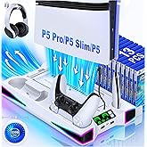 LIFUFUTEE PS5 Stand, PS5/Slim/Pro Cooling Station with 2.36in Cooling Fan, Controller Charger Station for PS5 Accessories, RGB Light, Headset Holder, 3 Charger Ports for PlayStation 5 Slim/Pro Console