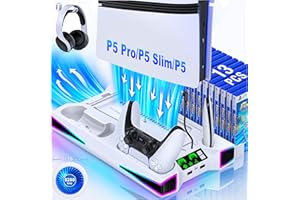 LIFUFUTEE PS5 Stand, PS5/Slim/Pro Cooling Station with 2.36in Cooling Fan, Controller Charger Station for PS5 Accessories, RGB Light, Headset Holder, 3 Charger Ports for PlayStation 5 Slim/Pro Console